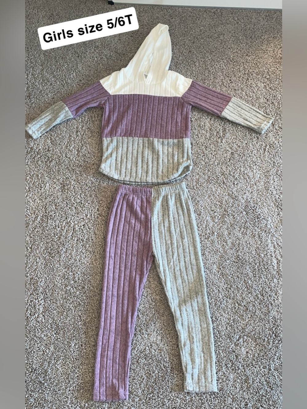Girls Two-Tone Purple and Gray Ribbed Hooded Set